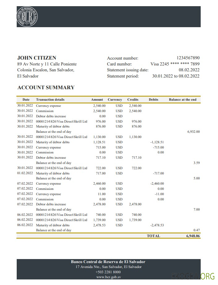 Relevé bancaire de Salvador Banco Central de Reserva de El Salvador